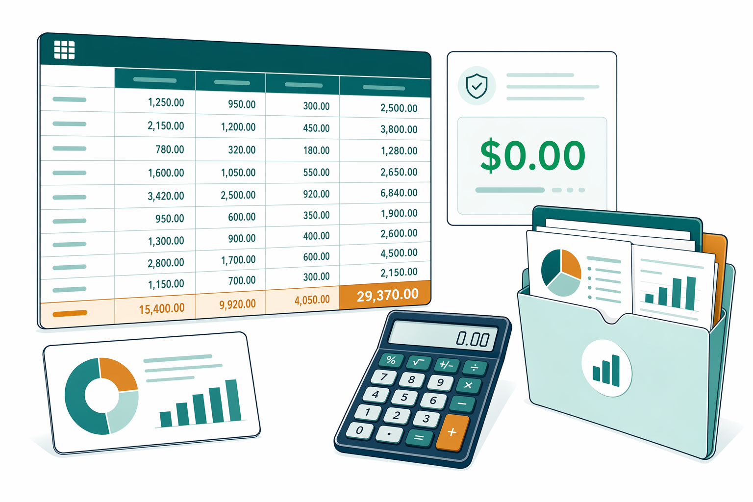 Illustration of a tidy ledger worksheet with neat columns of figures, a calculator, and a teal-and-amber summary card